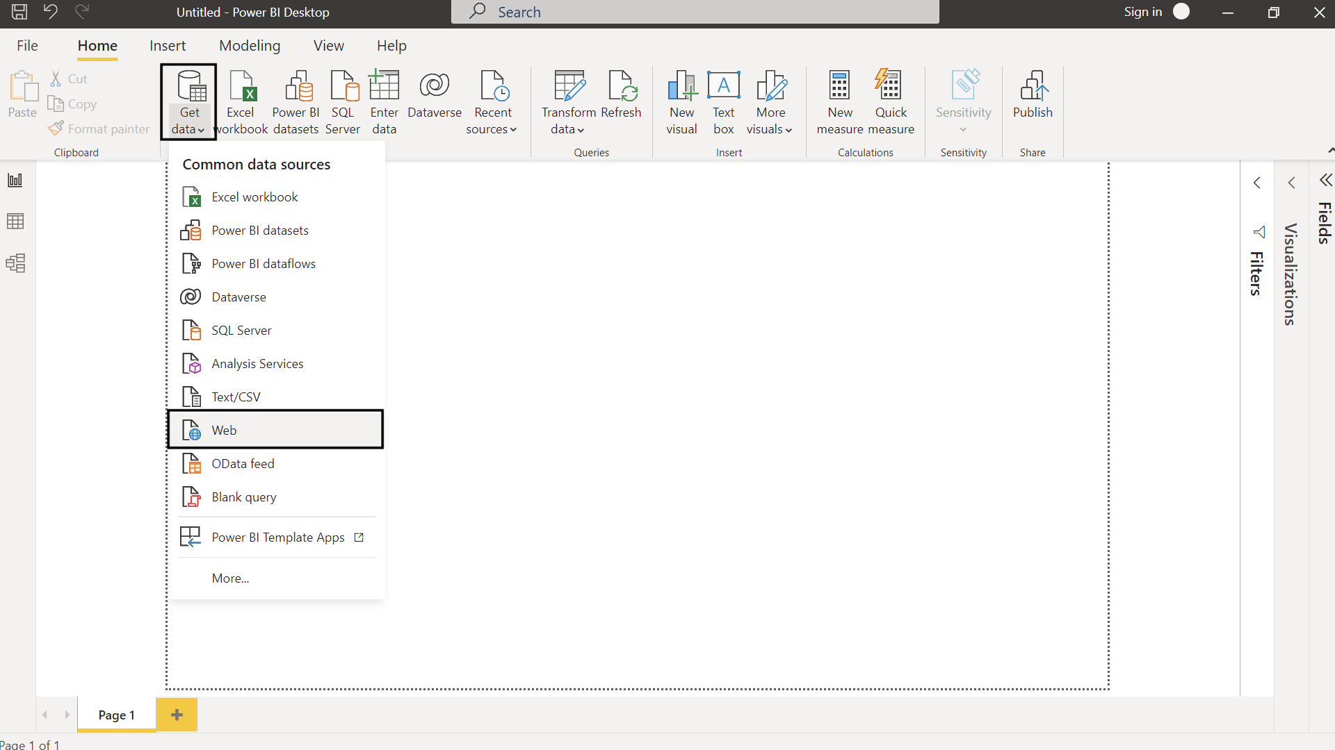 location of "Web" data source