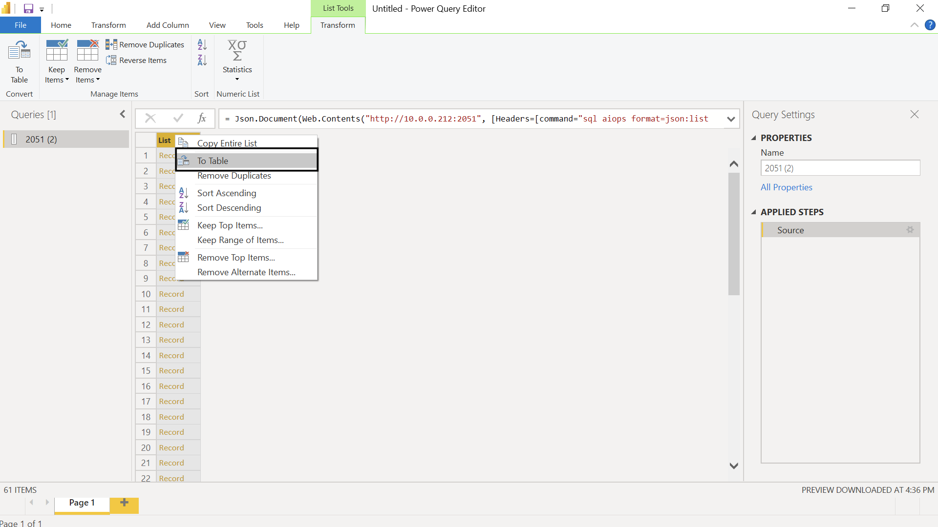 convert list of (raw) results into table format