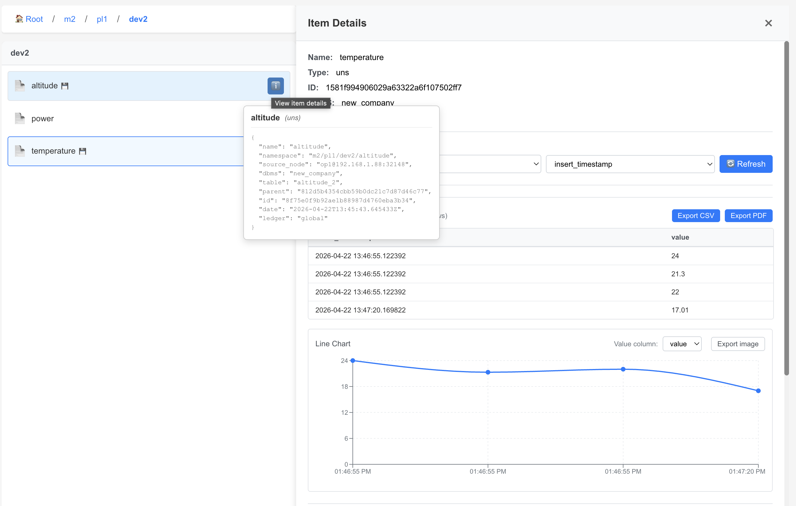 Dynamic UNS in the web UI: tree m2/pl1/dev2, Item Details for temperature, policy tooltip on altitude